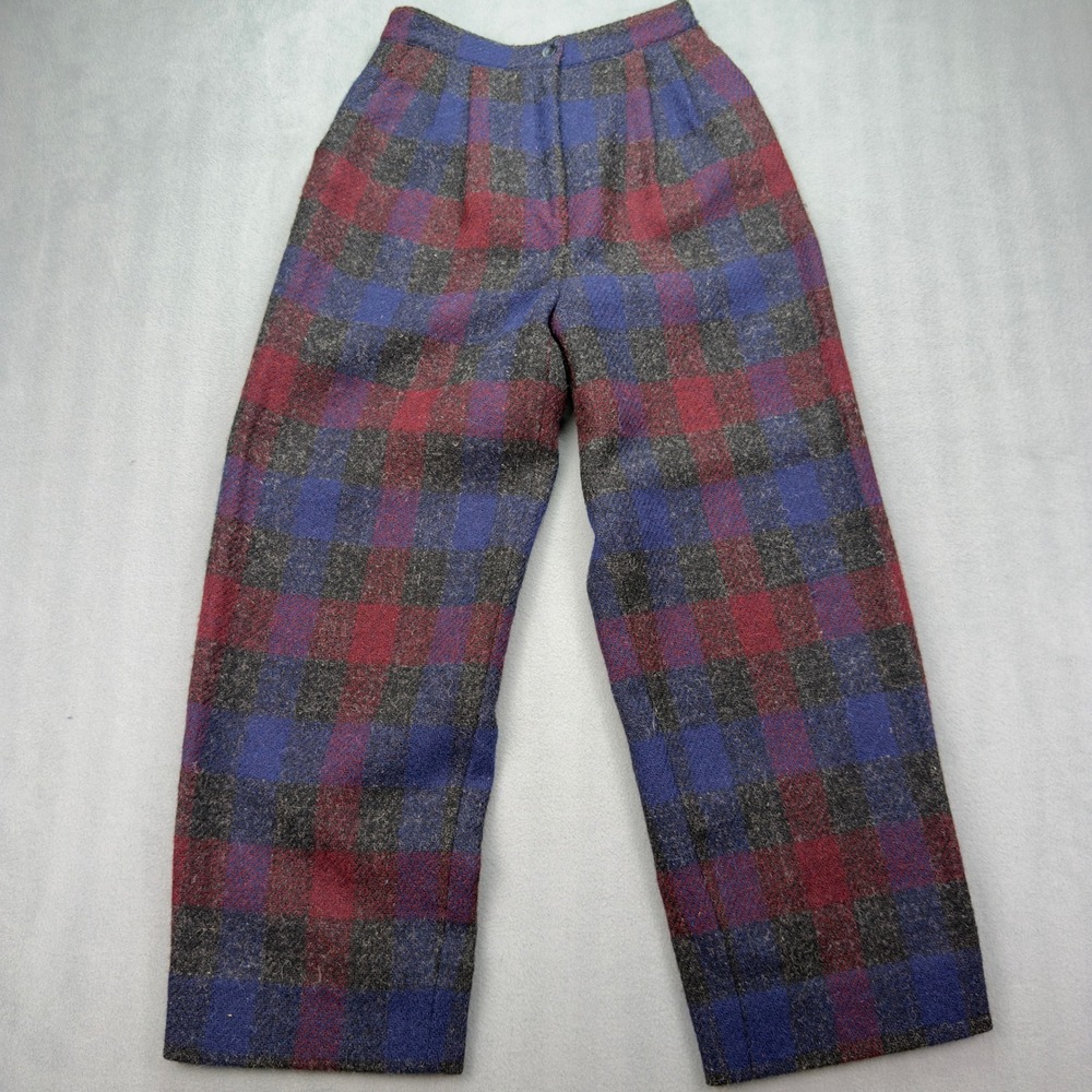 Giuseppe Vintage Plaid Wool Trousers Size 10 Blue Red High Waist Made in USA